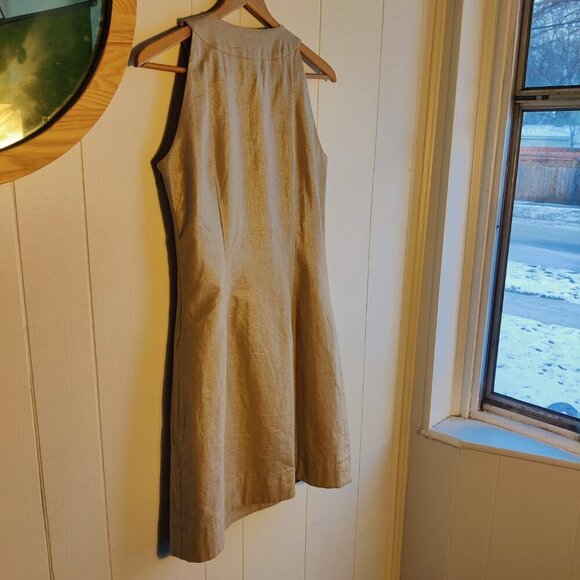 Linen Dress, Shimmering Beige Fabric and Beading at  V-neck, side zipper, Sz 6 - Picture 7 of 8